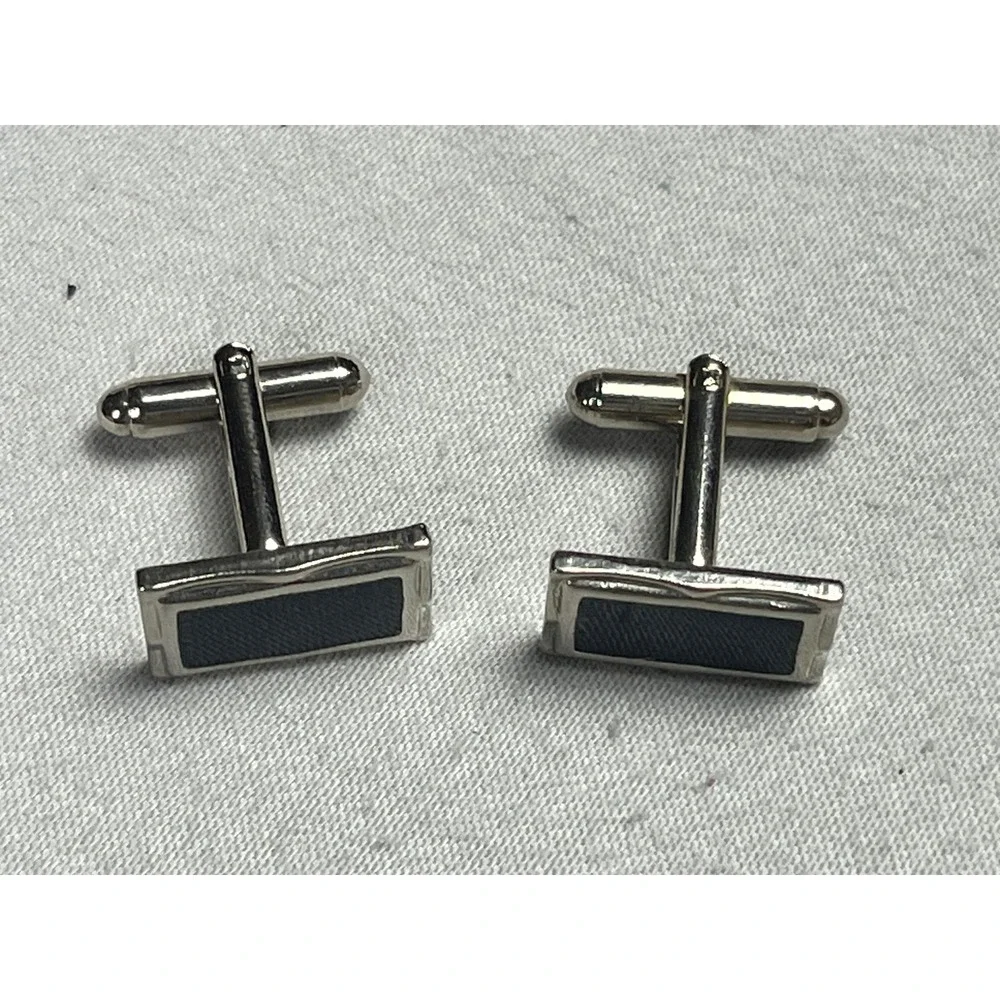 Mens Silver Tone Black Enamel Rectangular Bullet Back Classic Cufflinks Pair